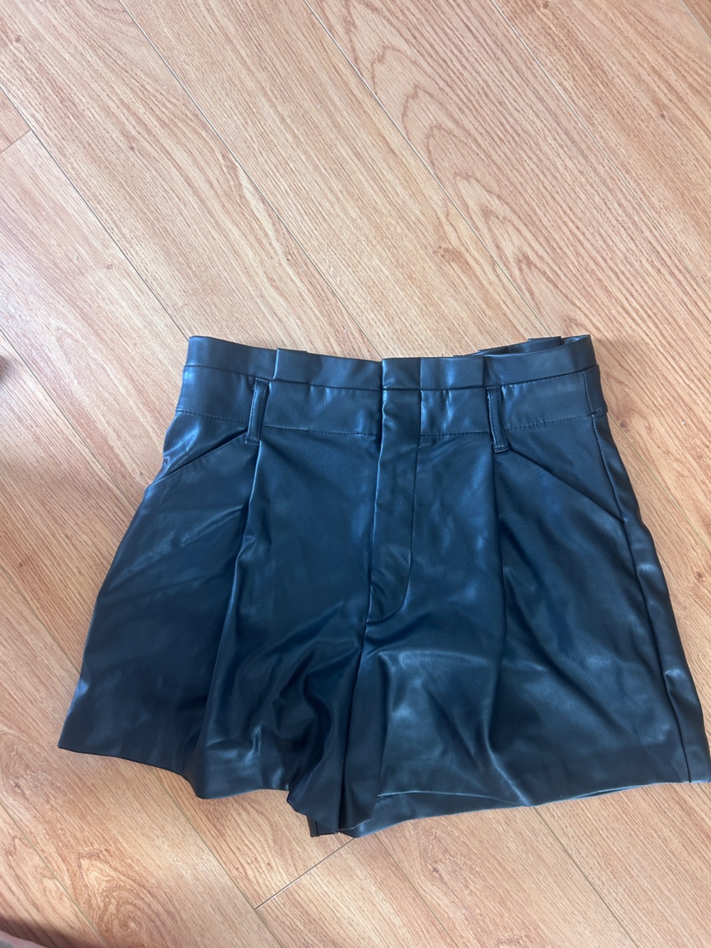 Zara Black Faux Leather High waisted paper bag pleating shorts